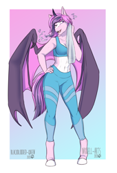 Size: 2648x3893 | Tagged: safe, artist:blackblood-queen, derpibooru import, oc, oc only, oc:battica, alicorn, anthro, bat pony, bat pony alicorn, unguligrade anthro, alicorn oc, anthro oc, bat pony oc, bat wings, belly button, clothes, coat markings, commission, digital art, fangs, female, horn, leg warmers, leggings, mare, midriff, pale belly, smiling, solo, sports bra, sports pants, towel, wings, workout outfit