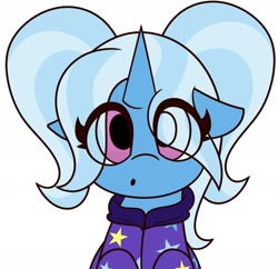 Size: 2118x2052 | Tagged: safe, artist:mrneo, derpibooru import, trixie, pony, unicorn, babysitter trixie, clothes, cute, diatrixes, eye clipping through hair, floppy ears, gameloft, gameloft interpretation, looking at you, pigtails, solo, twintails