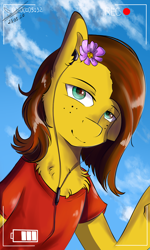 Size: 1060x1766 | Tagged: safe, artist:yuris, derpibooru import, oc, oc:yuris, pony, camera, camera shot, clothes, flower, headphones, shirt, solo, t-shirt