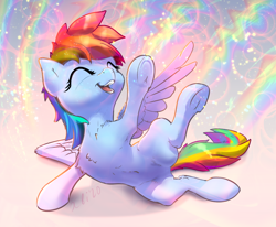 Size: 996x821 | Tagged: safe, artist:xbi, derpibooru import, rainbow dash, pegasus, pony, abstract background, chest fluff, color porn, cute, dashabetes, eyes closed, female, gradient background, laughing, mare, rainbow, solo, underhoof