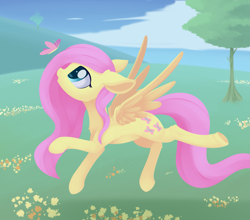 Size: 1821x1602 | Tagged: safe, artist:dusthiel, derpibooru import, fluttershy, butterfly, pegasus, pony, chest fluff, cute, ear fluff, female, leg fluff, lineless, mare, profile, shyabetes, solo, tree