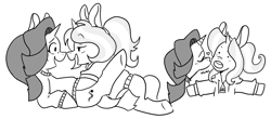 Size: 1988x876 | Tagged: safe, artist:kikomanlet, derpibooru import, starlight glimmer, trixie, pony, unicorn, blushing, clothes, female, hoodie, kissing, lesbian, looking at each other, lying down, monochrome, shipping, smooch, startrix, sweater