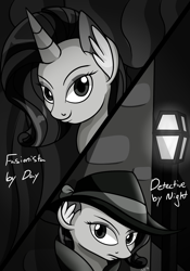 Size: 1400x2000 | Tagged: safe, artist:novaspark, rarity, pony, unicorn, rarity investigates, black and white, detective, detective rarity, ear fluff, grayscale, monochrome, solo