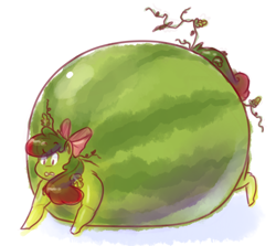 Size: 1000x892 | Tagged: safe, artist:secretgoombaman12345, apple bloom, food transformation, fruit, inflation, melon bloom, plant tf, solo, transformation, watermelon, watermelon inflation