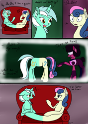 Size: 2893x4092 | Tagged: safe, artist:novaspark, bon bon, lyra heartstrings, sweetie drops, do princesses dream of magic sheep, buttpony, butts, comic, crossover, dialogue, fridge logic, fusion, garnet (steven universe), lyrabon (fusion), simpsons did it, sofa, steven universe, the simpsons, what has science done