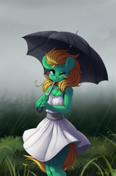 Size: 2645x4000 | Tagged: safe, artist:redwix, artist:sugarstar, derpibooru import, oc, oc only, oc:professor sugarcube, anthro, earth pony, collaboration, clothes, collar, dress, female, fog, forest, grass, looking at you, mare, one eye closed, rain, rcf community, smiling, solo, standing, umbrella