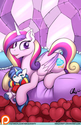 Size: 825x1275 | Tagged: safe, artist:nekocrispy, princess cadance, shining armor, alicorn, pony, unicorn, cushion, cute, cutedance, heart, patreon, plushie, prone, solo