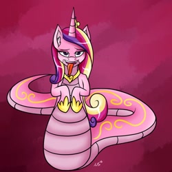 Size: 894x894 | Tagged: safe, alternate version, artist:novaspark, princess cadance, alicorn, lamia, original species, bedroom eyes, crown, forked tongue, looking at you, open mouth, pretty, princess, solo, species swap, tongue out