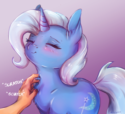 Size: 2804x2542 | Tagged: safe, alternate version, artist:buttersprinkle, derpibooru import, trixie, human, pony, unicorn, behaving like a cat, blushing, buttersprinkle is trying to murder us, chest fluff, cute, daaaaaaaaaaaw, diatrixes, disembodied hand, ear fluff, eyes closed, female, hand, high res, mare, offscreen character, offscreen human, onomatopoeia, purring, scratching, simple background, smiling, sound effects, weapons-grade cute