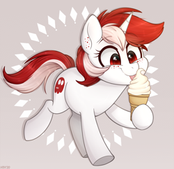 Size: 1100x1066 | Tagged: safe, artist:higglytownhero, derpibooru import, oc, oc only, oc:ruby, oc:rubystrings, pony, unicorn, abstract background, commission, female, filly, foal, food, freckles, ice cream, ice cream cone, licking, mare, smiling, solo, tongue out