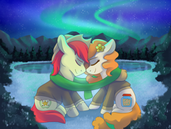 Size: 1024x768 | Tagged: safe, artist:sacredroses-art, bright mac, pear butter, earth pony, pony, the perfect pear, aurora borealis, brightbutter, clothes, coat, commission, cowboy hat, duo, eyes closed, female, hat, male, mare, scarf, shared clothing, shared scarf, stallion, stetson, unshorn fetlocks