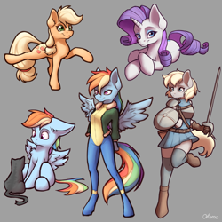 Size: 4000x4000 | Tagged: safe, artist:ohemo, derpibooru import, applejack, rainbow dash, rarity, oc, anthro, cat, earth pony, pegasus, pony, unguligrade anthro, unicorn, absurd resolution, anthro with ponies, armor, buckler, clothes, extended trot pose, female, gray background, hatless, looking at you, mare, missing accessory, simple background, sword, uniform, weapon, wonderbolts uniform