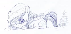 Size: 1280x617 | Tagged: safe, artist:tomoyuki, derpibooru import, fluttershy, pegasus, pony, chibi, christmas, holiday, monochrome, solo