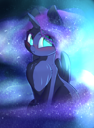 Size: 2295x3125 | Tagged: safe, artist:madacon, nightmare moon, alicorn, pony, blushing, chest fluff, color porn, cute, female, filly, grumpy, mare, moonabetes, nightmare woon, sitting, solo