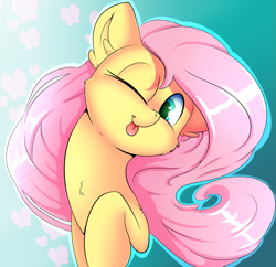 Size: 1097x1062 | Tagged: safe, artist:madacon, derpibooru import, fluttershy, pegasus, pony, bust, cute, female, head tilt, looking at you, mare, one eye closed, portrait, raised hoof, shyabetes, silly, silly pony, solo, tongue out, wink