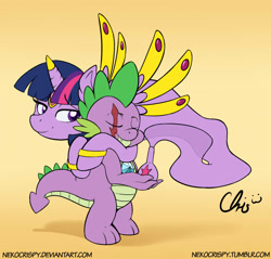 Size: 958x914 | Tagged: safe, artist:nekocrispy, spike, twilight sparkle, twilight sparkle (alicorn), alicorn, dragon, pony, ask genie twilight, eyes closed, female, genie, hug, mama twilight, mare, scar