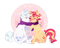 Size: 1500x1200 | Tagged: safe, artist:kraytt-05, double diamond, sunset shimmer, earth pony, pony, unicorn, equestria girls, clothes, crack shipping, cute, doubleset, eyes closed, female, male, mare, raised hoof, scarf, shared clothing, shared scarf, shipping, sitting, smiling, stallion, straight