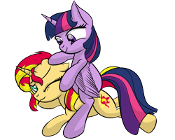 Size: 3508x2800 | Tagged: safe, artist:datapony, sunset shimmer, twilight sparkle, twilight sparkle (alicorn), alicorn, pony, floppy ears, high res, noogie, one eye closed, simple background, transparent background