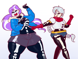 Size: 900x684 | Tagged: safe, artist:secretgoombaman12345, diamond tiara, silver spoon, human, ask chubby diamond, chubby, clothes, costume, female, halloween, humanized, lesbian, papyrus, papyrus (undertale), sans (undertale), shipping, silvertiara, undertale