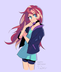 Size: 705x826 | Tagged: safe, artist:dusty-munji, sunset shimmer, equestria girls, clothes, cute, female, looking at you, shorts, smiling, solo