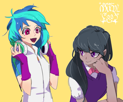 Size: 1189x990 | Tagged: safe, artist:dusty-munji, dj pon-3, octavia melody, vinyl scratch, equestria girls, cute, dark skin, duo, female, simple background, smiling, yellow background