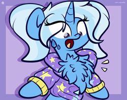Size: 3250x2560 | Tagged: safe, artist:kimjoman, derpibooru import, trixie, pony, unicorn, alternate hairstyle, babysitter trixie, chest fluff, clothes, cute, diatrixes, female, fluffy, gameloft interpretation, high res, hoodie, impossibly large chest fluff, mare, open mouth, ponytail, shocked, solo, sweat