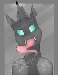 Size: 1553x1986 | Tagged: safe, artist:darklight1315, derpibooru import, thorax, changeling, against glass, cracked glass, glass, licking window, long tongue, looking at you, male, quadrupedal, solo, tongue out, underhoof