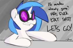 Size: 1280x851 | Tagged: safe, artist:whoop, dj pon-3, vinyl scratch, pony, unicorn, 30 minute art challenge, vulgar