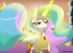 Size: 4816x3508 | Tagged: safe, artist:therealf1rebird, derpibooru import, princess celestia, alicorn, pony, alcohol, armor, canterlot, ears, eye, eyelashes, eyes, female, flag, freckles, horn, jewelry, magic, mane, mare, ruby, sky, solo, wine, wineglass