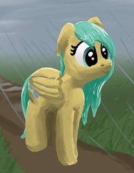 Size: 475x615 | Tagged: safe, artist:stillsings, derpibooru import, sunshower raindrops, pegasus, pony, atg 2020, female, floppy ears, mare, newbie artist training grounds, rain, solo, wet, wet mane