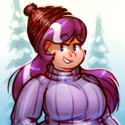 Size: 500x500 | Tagged: safe, artist:secretgoombaman12345, diamond tiara, human, ask chubby diamond, big breasts, breasts, clothes, diamond titiara, female, hat, huge breasts, humanized, snow, solo, sweater, tree, winter