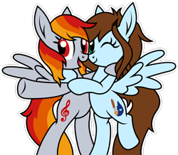 Size: 2508x2186 | Tagged: safe, artist:tridashie, derpibooru import, oc, oc only, oc:shinycyan, oc:tridashie, pegasus, pony, bipedal, duo, hug, looking at you, one eye closed, simple background, smiling, spread wings, transparent background, wings, wink