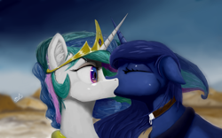 Size: 2400x1500 | Tagged: safe, artist:ymsgelgoog, derpibooru import, princess celestia, princess luna, alicorn, pony, collar, female, floppy ears, incest, jewelry, kissing, lesbian, mare, pet collar, princest, regalia, royal sisters, shipping, siblings, signature, sisters