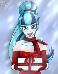 Size: 1800x2300 | Tagged: safe, artist:novaspark, sonata dusk, equestria girls, blushing, christmas, clothes, gift giving, gloves, looking at you, present, scarf, snow, solo