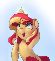 Size: 900x1000 | Tagged: safe, artist:vanillaghosties, sunset shimmer, pony, unicorn, bipedal, blushing, crown, cute, female, gradient background, jewelry, mare, regalia, shimmerbetes, smiling, solo