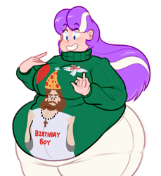 Size: 1119x1220 | Tagged: safe, artist:secretgoombaman12345, diamond tiara, human, ask chubby diamond, chubby, clothes, fat, humanized, jesus christ, solo, sweater