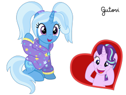 Size: 3334x2501 | Tagged: safe, artist:gutovi, derpibooru import, starlight glimmer, trixie, pony, unicorn, alternate hairstyle, babysitter trixie, clothes, cute, diatrixes, female, gameloft interpretation, hoodie, lesbian, pigtails, shipping, show accurate, simple background, startrix, transparent background, twintails, vector