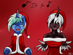 Size: 2000x1500 | Tagged: safe, artist:novaspark, oc, oc only, oc:nova spark, demon, clothes, glasses, hat, non-mlp oc, open mouth, santa costume, santa hat, singing, underhoof