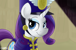 Size: 2000x1325 | Tagged: safe, artist:bravelyart, derpibooru import, rarity, pony, unicorn, testing testing 1-2-3, ancient wonderbolts uniform, eyeshadow, female, frock coat, hat, makeup, mare, scene interpretation, sgt. rarity, sharko, smiling, solo, spotlight