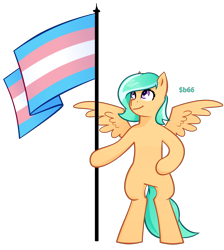 Size: 1730x1930 | Tagged: safe, artist:$b66, derpibooru import, oc, oc:mango foalix, pegasus, pony, arm hooves, bipedal, female, flag, flag pole, flagpole, mare, pride, pride flag, solo, transgender pride flag