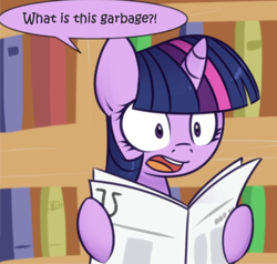 Size: 698x665 | Tagged: safe, artist:solar-slash, derpibooru import, twilight sparkle, book, dialogue, female, mare, newspaper, solo