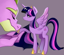 Size: 1176x1000 | Tagged: safe, artist:yam, spike, twilight sparkle, twilight sparkle (alicorn), alicorn, dragon, pony, crown, eyes closed, female, jewelry, male, mare, older, older spike, regalia, shipping, size difference, straight, twispike