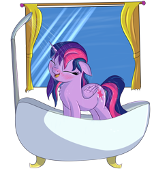Size: 1116x1234 | Tagged: safe, artist:brok-enwings, twilight sparkle, twilight sparkle (alicorn), alicorn, pony, bathtub, blushing, chest fluff, claw foot bathtub, cute, eyes closed, female, floppy ears, happy, mare, open mouth, shower, simple background, smiling, solo, transparent background, twiabetes, wet mane, window