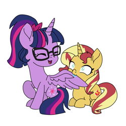 Size: 1000x1000 | Tagged: safe, artist:chautung, sci-twi, sunset shimmer, twilight sparkle, alicorn, pony, unicorn, equestria girls, :3, biting, chewing, eating, equestria girls ponified, eyes closed, female, glasses, lesbian, mare, nibbling, open mouth, ponified, raised hoof, scitwilicorn, scitwishimmer, shipping, silly, silly pony, simple background, sunsetsparkle, white background, wing bite