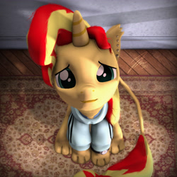 Size: 5400x5400 | Tagged: safe, artist:imafutureguitarhero, part of a set, sunset shimmer, sphinx, unicorn, 3d, absurd resolution, adidas, badumsquish's kitties, carpet, cheek fluff, chest fluff, clothes, cute, female, hair, hnnng, hoodie, horn, lidded eyes, looking at you, looking down, looking up, messy hair, messy mane, messy tail, nose wrinkle, paws, piercing, shimmerbetes, signature, sitting, solo, source filmmaker, species swap, sphinxified, studs, top down, tracksuit, watch, wooden floor