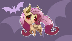 Size: 2560x1440 | Tagged: safe, artist:pitchyy, derpibooru import, fluttershy, bat pony, blushing, chibi, female, flutterbat, looking at you, mare, race swap, red eyes, solo