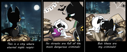 Size: 1200x494 | Tagged: safe, artist:arctic-fox, oc, oc:patrick poe, pony, batman, catwoman, clothes, comic, costume, crossover, cuddling, oc x oc, ponified, shipping, smiling, superhero landing