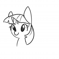 Size: 1000x1000 | Tagged: safe, artist:tjpones, twilight sparkle, pony, unicorn, animated, black and white, bust, cute, female, frown, gif, grayscale, head turn, looking back, mare, monochrome, shifty eyes, simple background, sketch, solo, white background