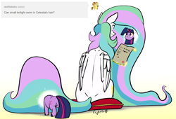 Size: 2349x1593 | Tagged: safe, artist:greyscaleart, princess celestia, twilight sparkle, alicorn, pony, unicorn, ask, cute, duo, exploring, female, filly, filly twilight sparkle, magic, now you're thinking with portals, pillow, portal, sitting, size difference, smol, telekinesis, the tiny apprentice, tumblr, younger