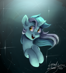 Size: 900x1000 | Tagged: dead source, safe, artist:lonelydust, lyra heartstrings, pony, unicorn, bust, female, mare, smiling, solo, space, stars